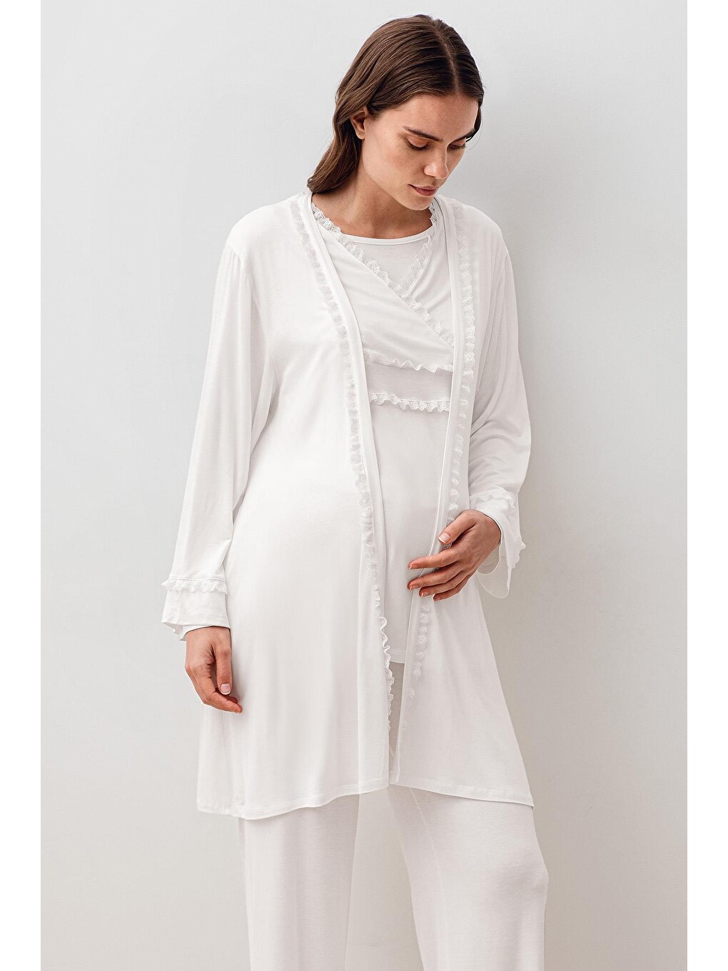 Ekru Uzun Kollu Dantelli Elastanlı Viskoz Hamile Sabahlık Pijama Takım 20300-2