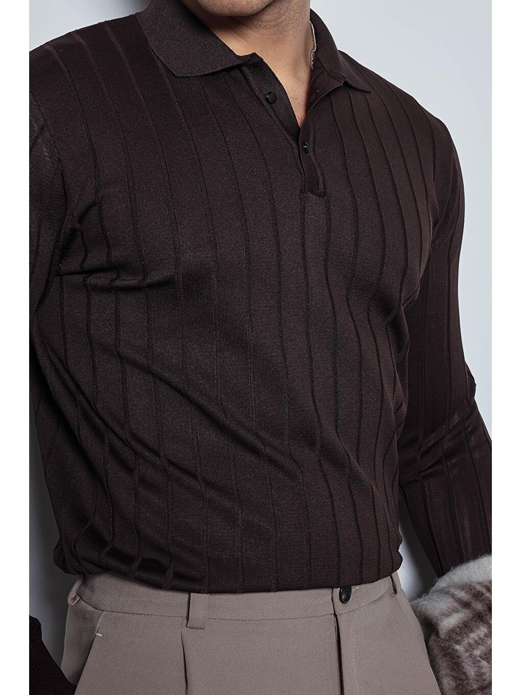 Erkek Slim Fit Premium Kumaş Polo Yaka Düğmeli Kazak Kahverengi-1