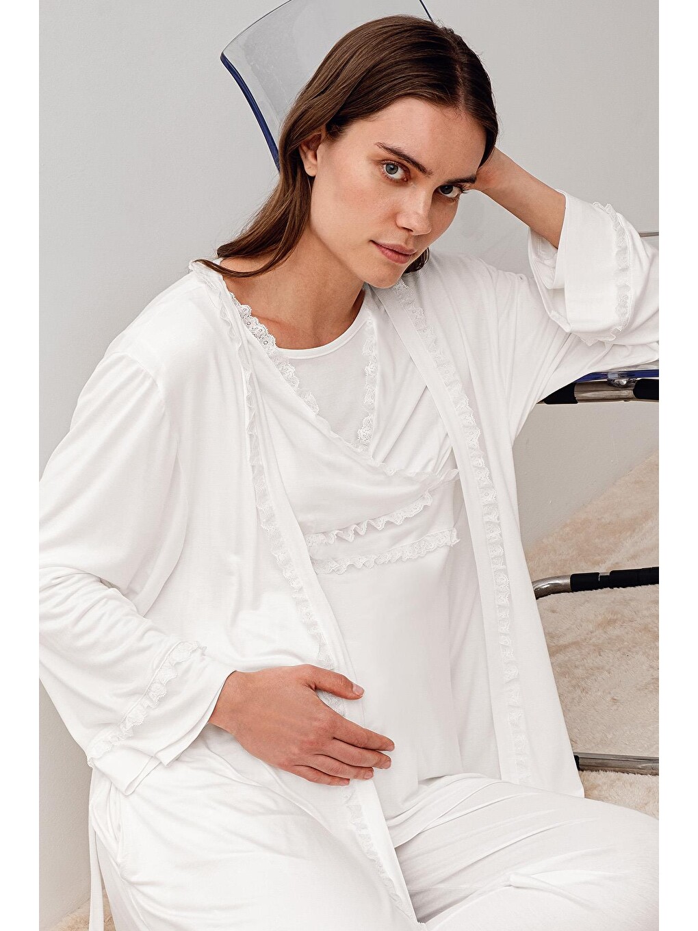 Ekru Uzun Kollu Dantelli Elastanlı Viskoz Hamile Sabahlık Pijama Takım 20300-3