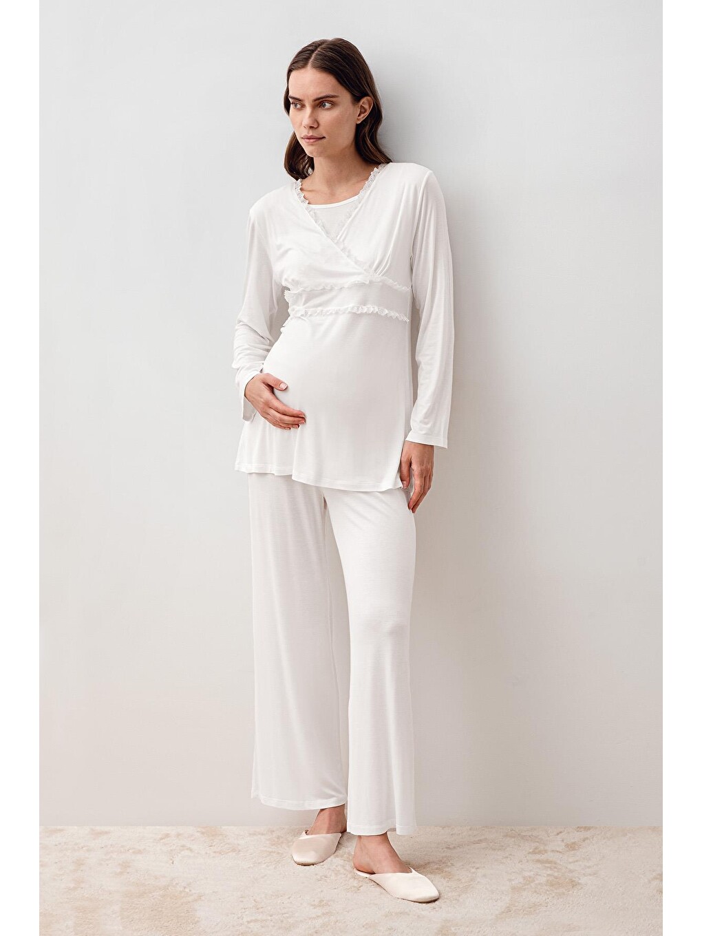 Ekru Uzun Kollu Dantelli Elastanlı Viskoz Hamile Sabahlık Pijama Takım 20300-4