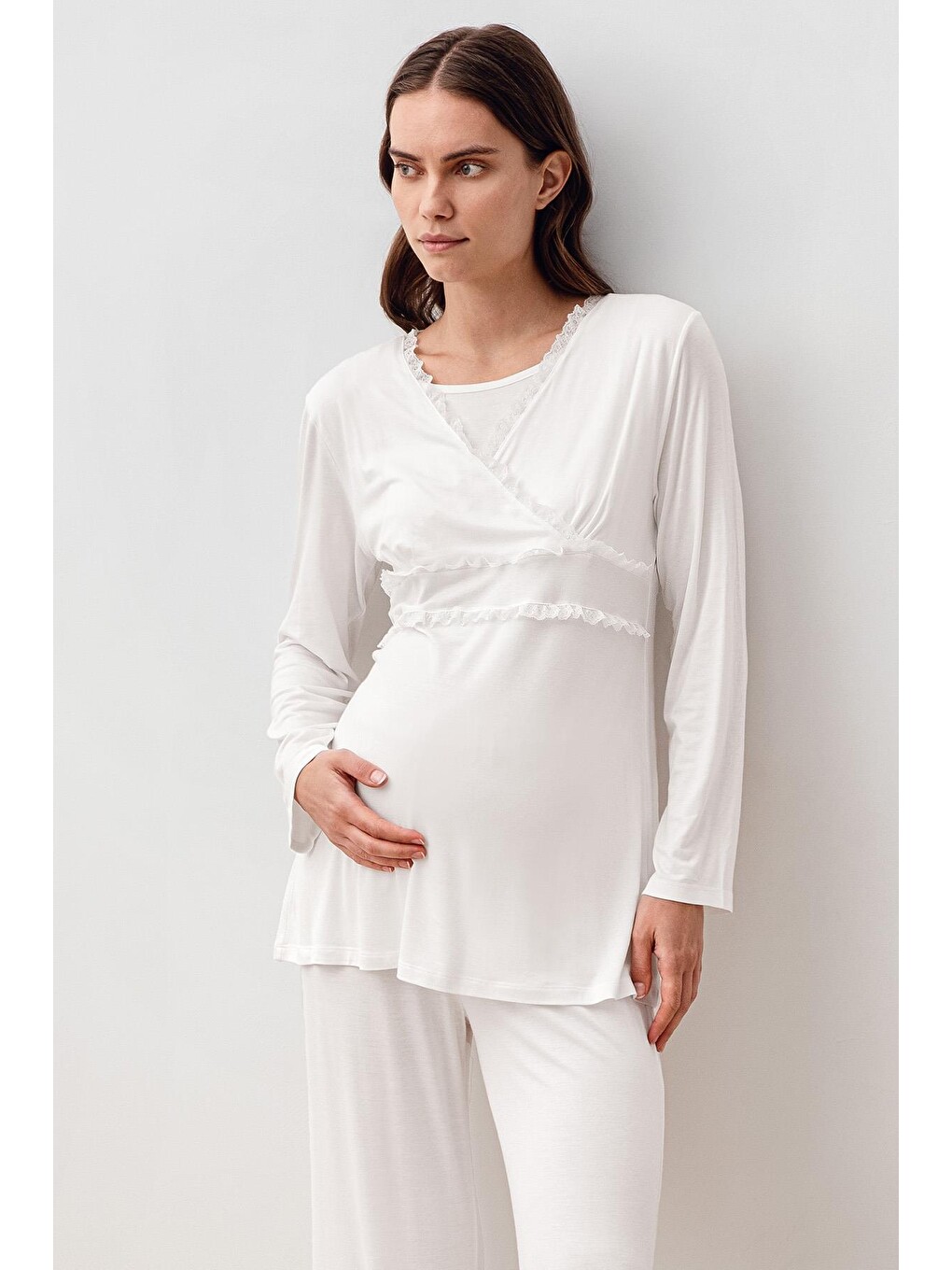 Ekru Uzun Kollu Dantelli Elastanlı Viskoz Hamile Sabahlık Pijama Takım 20300-5