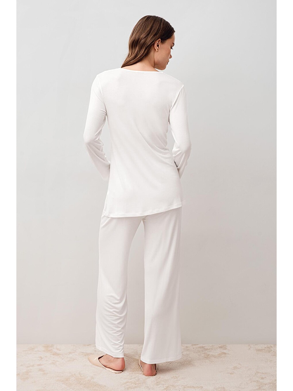 Ekru Uzun Kollu Dantelli Elastanlı Viskoz Hamile Sabahlık Pijama Takım 20300-6