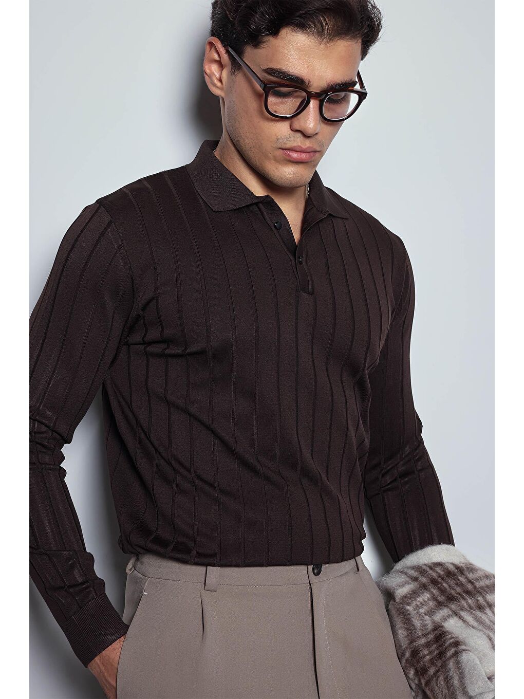 Erkek Slim Fit Premium Kumaş Polo Yaka Düğmeli Kazak Kahverengi-2
