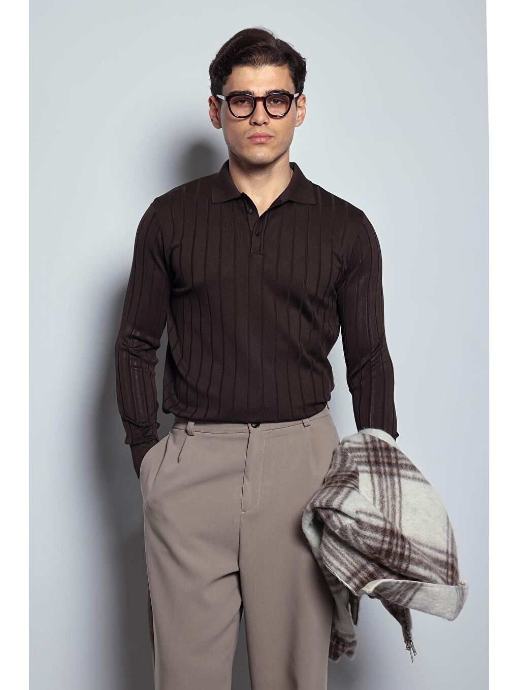 Erkek Slim Fit Premium Kumaş Polo Yaka Düğmeli Kazak Kahverengi-3