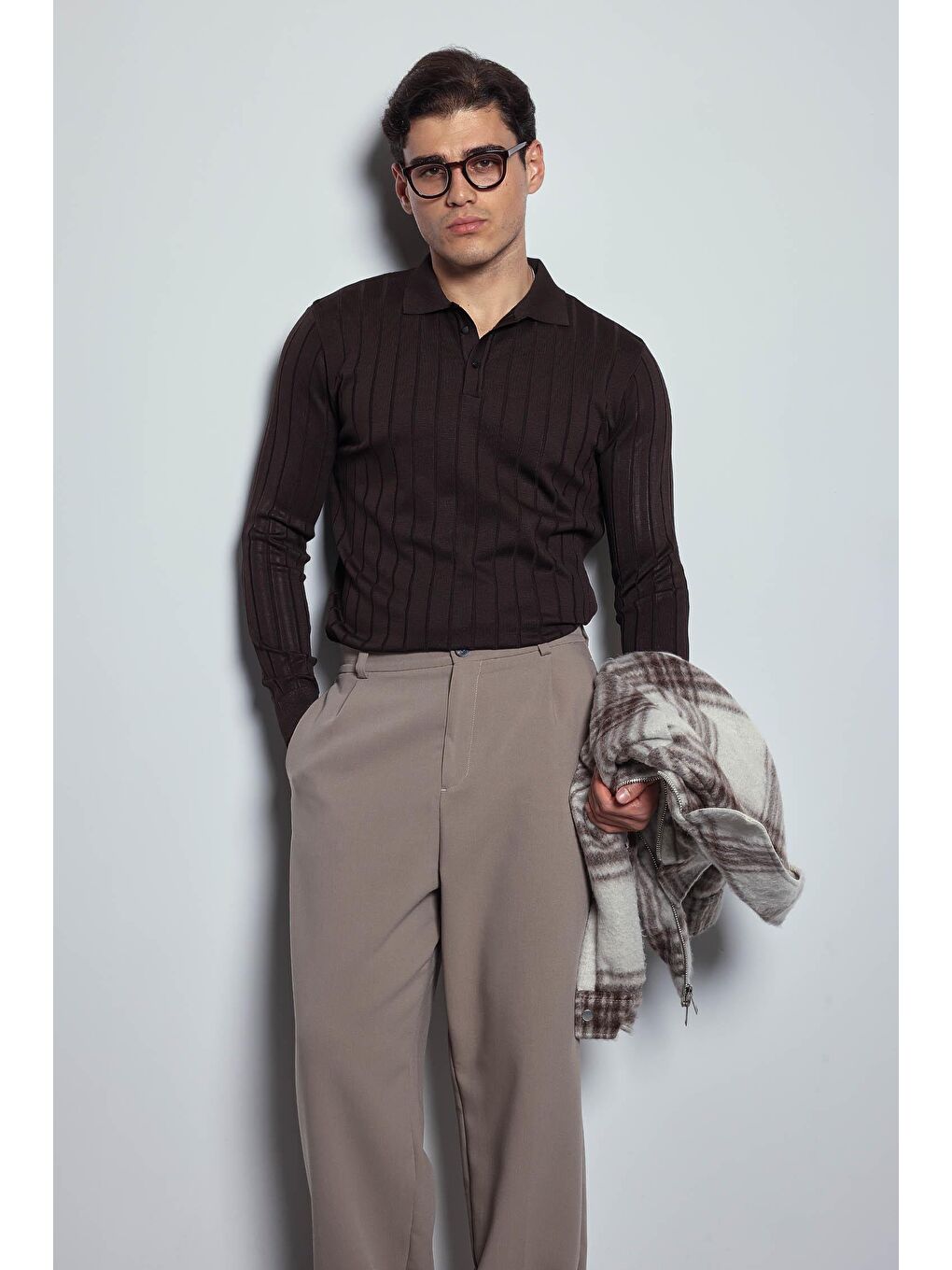 Erkek Slim Fit Premium Kumaş Polo Yaka Düğmeli Kazak Kahverengi-4