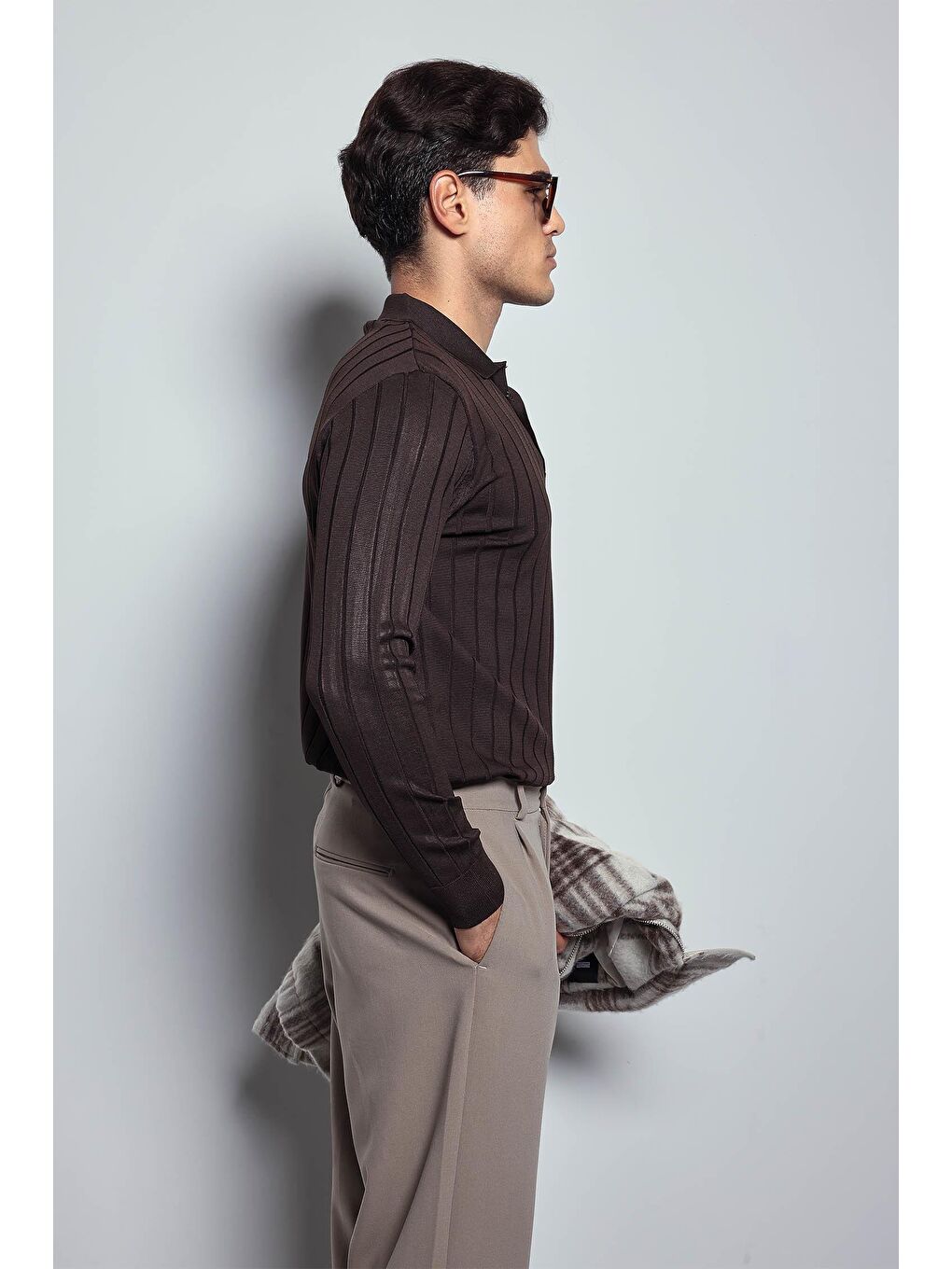 Erkek Slim Fit Premium Kumaş Polo Yaka Düğmeli Kazak Kahverengi-5