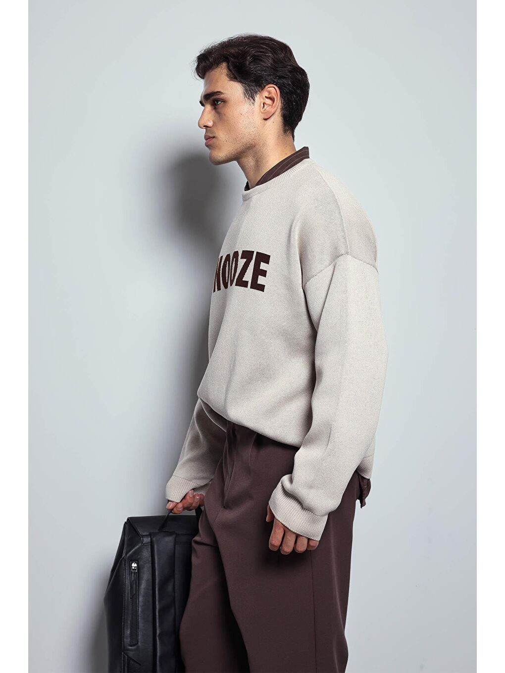 Erkek Oversize Yazı Baskılı Kazak Bej-3