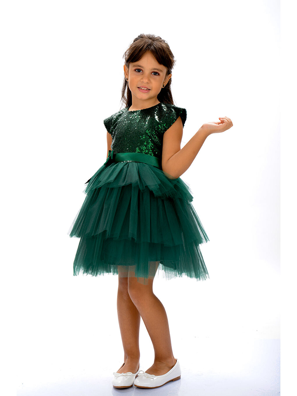 Yeşil Mnk Kız Çocuk Pullu Tüllü Parti Elbisesi-6