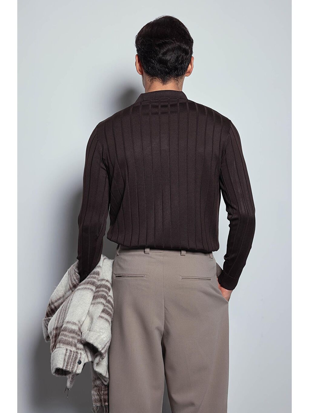 Erkek Slim Fit Premium Kumaş Polo Yaka Düğmeli Kazak Kahverengi-6