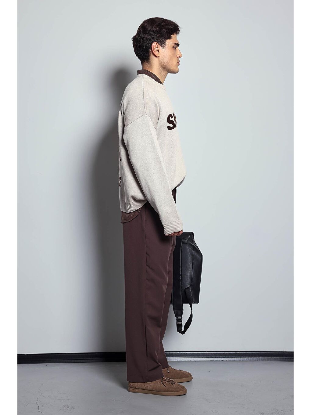 Erkek Oversize Yazı Baskılı Kazak Bej-5