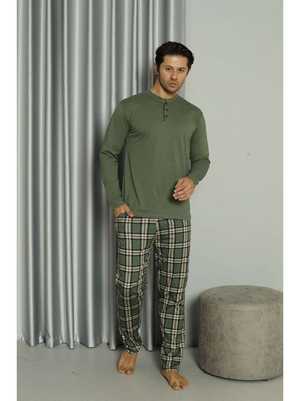 Yeşil Erkek %100 Doğal Pamuk Ekoseli Uzun Kollu Düğmeli Yüksek Kaliteli Pijama Takımı