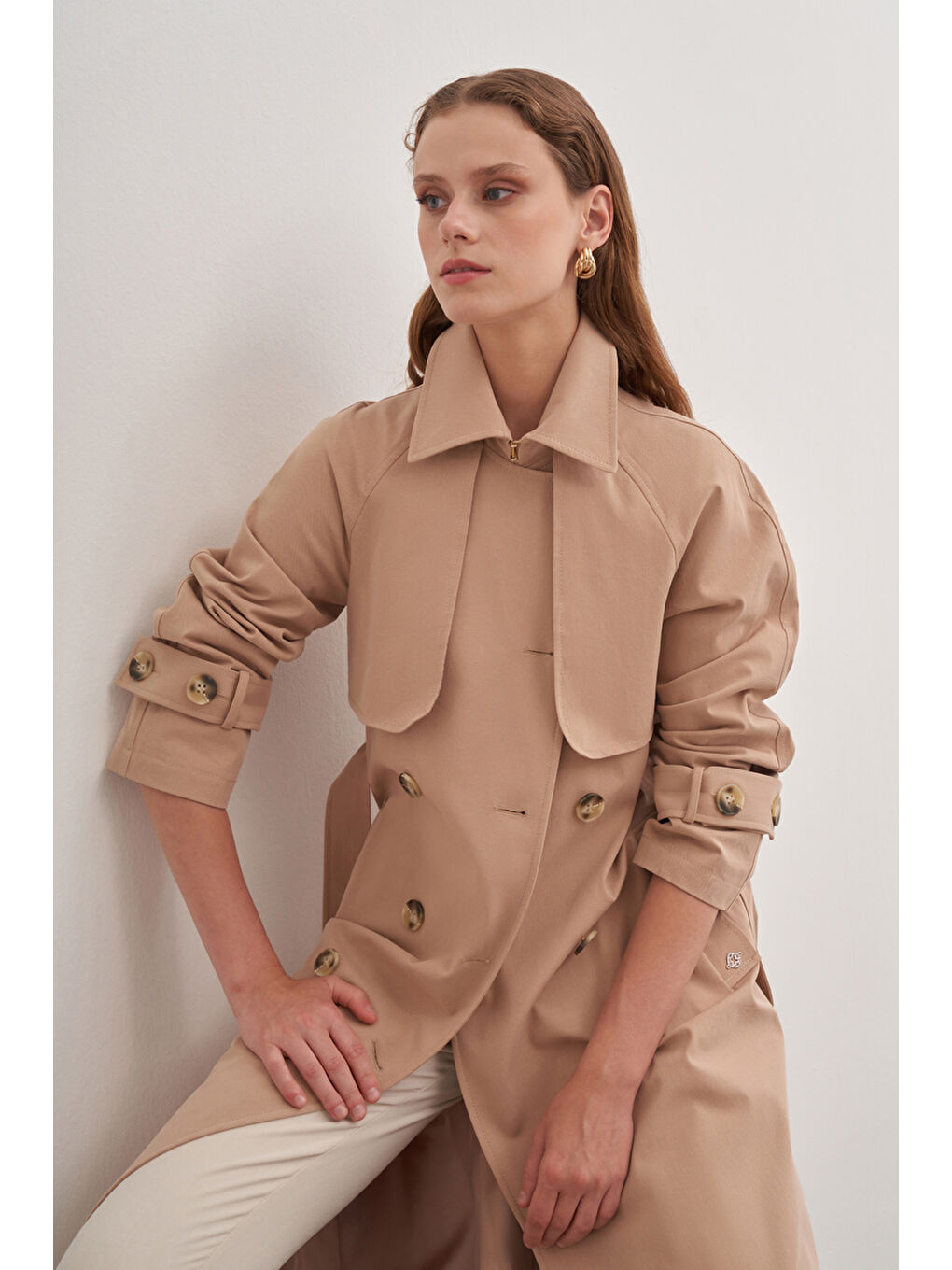 Bej Çift Rüzgarlıklı Kruvaze Trençkot-2