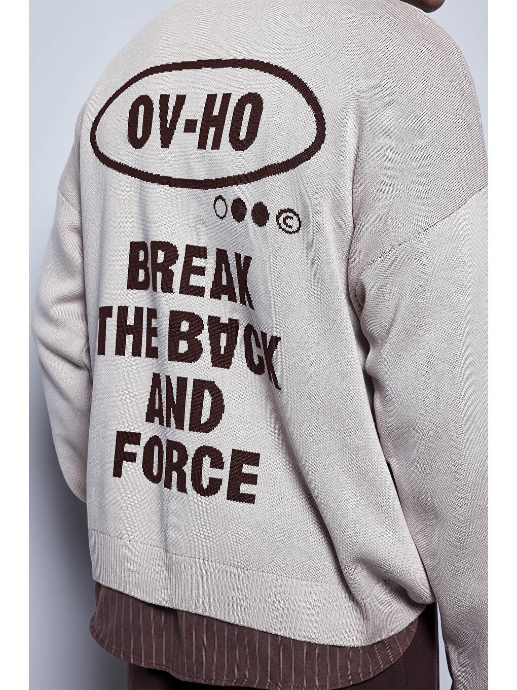 Erkek Oversize Yazı Baskılı Kazak Bej-6