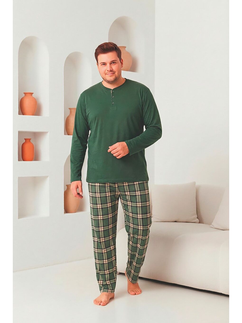 Yeşil Erkek %100 Doğal Pamuk Ekoseli Uzun Kollu Düğmeli Yüksek Kaliteli Pijama Takımı-1