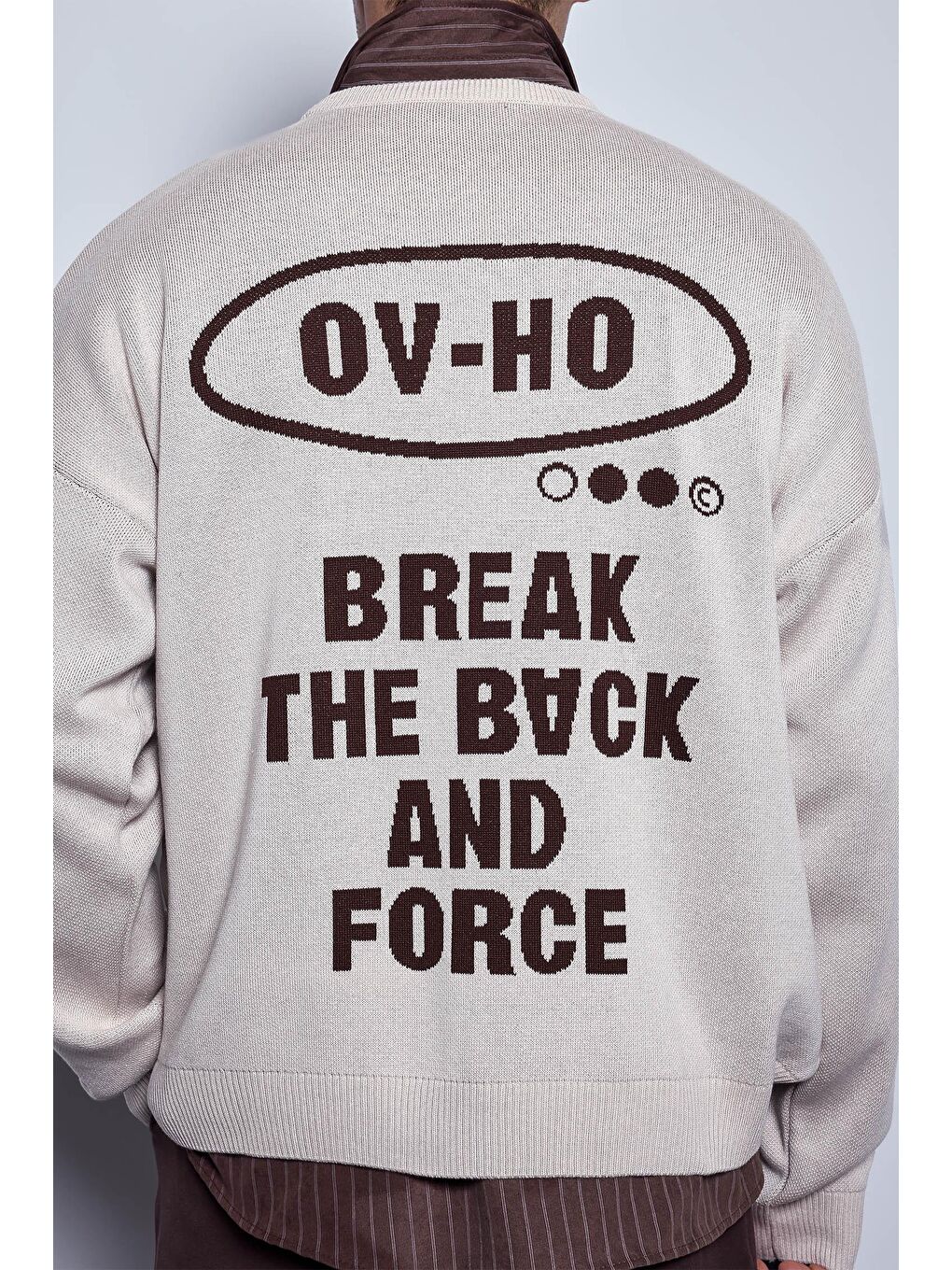 Erkek Oversize Yazı Baskılı Kazak Bej-7