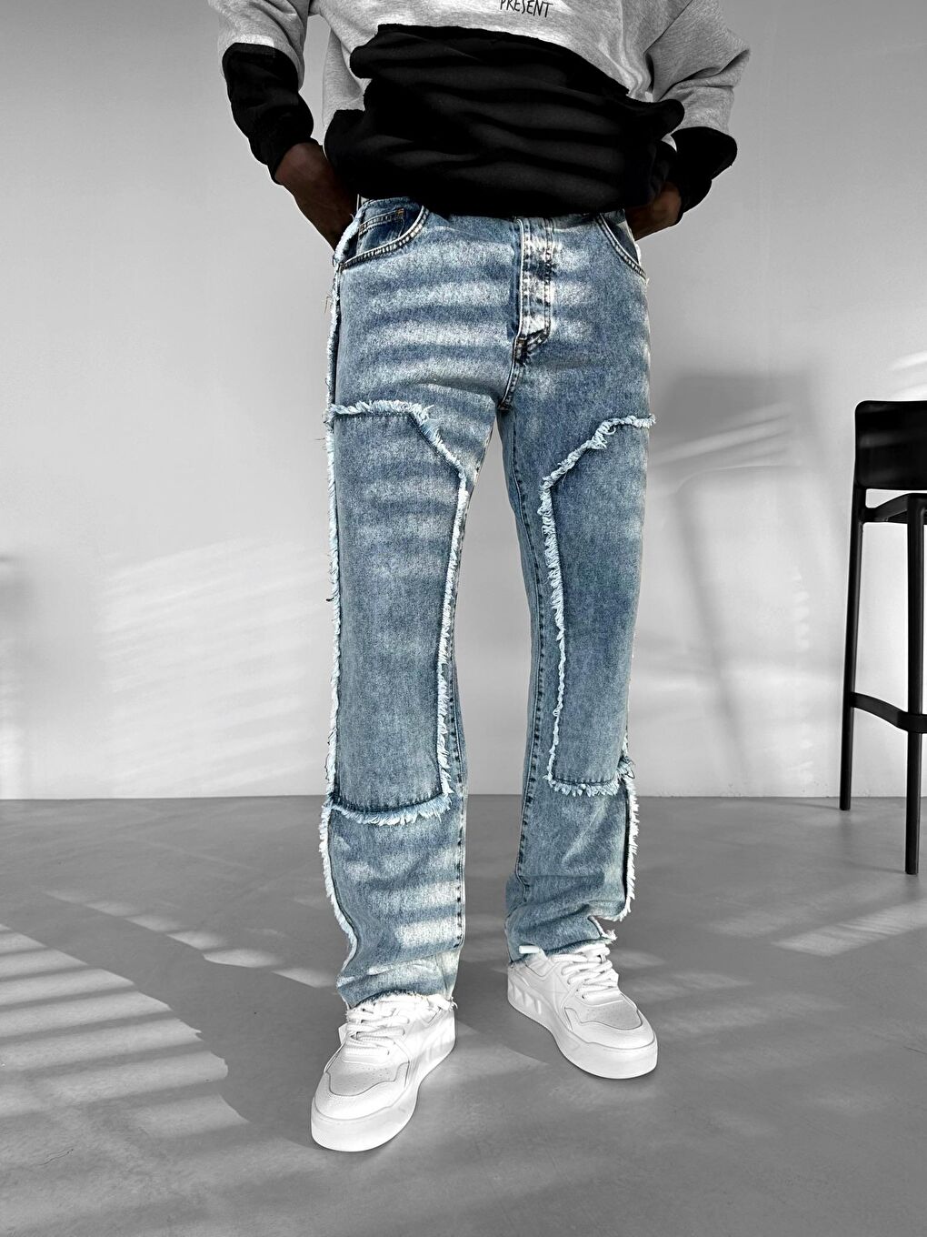 Püskül Blok Detaylı Jean Pantolon Buz Mavi