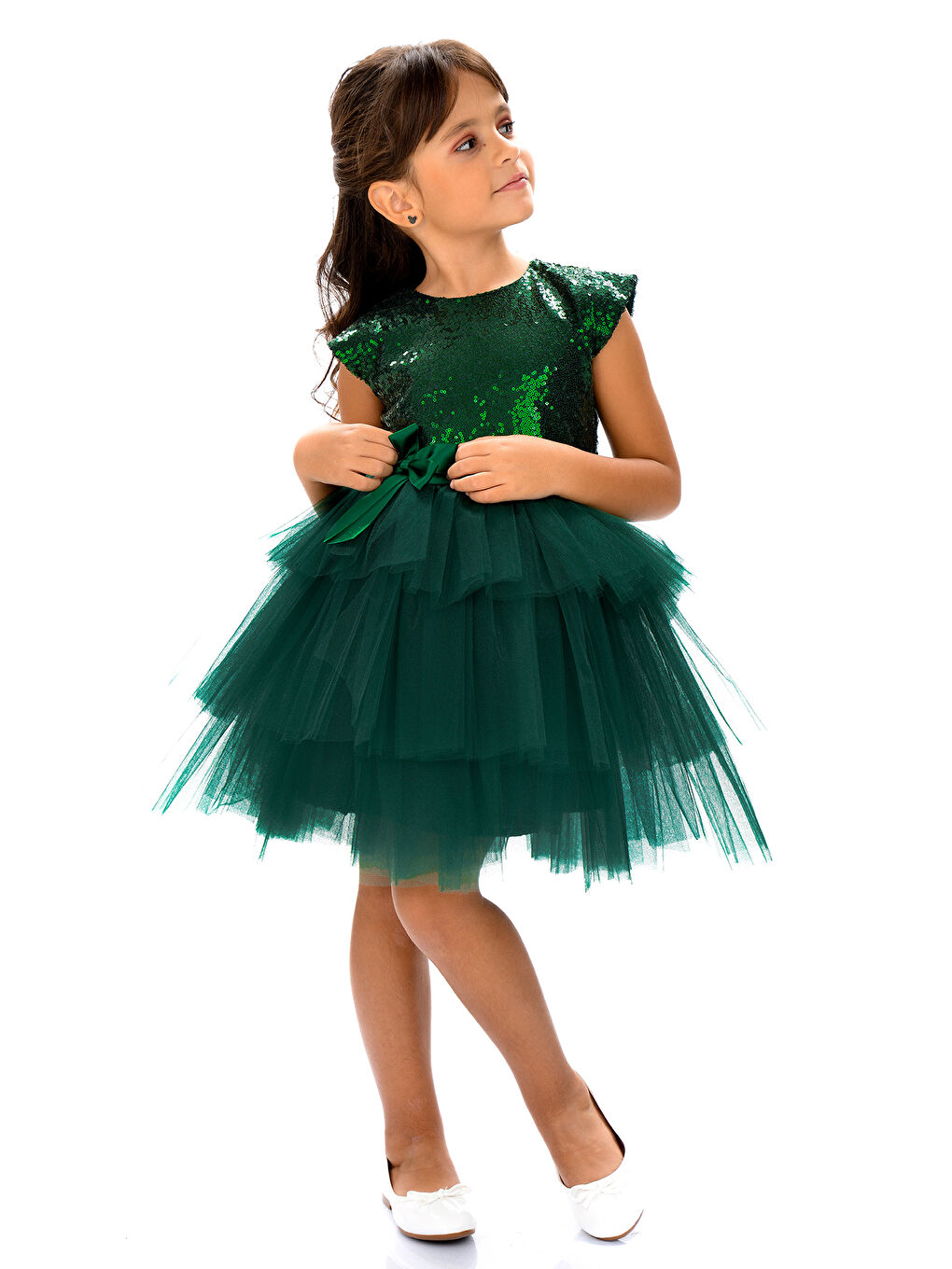 Yeşil Mnk Kız Çocuk Pullu Tüllü Parti Elbisesi-7