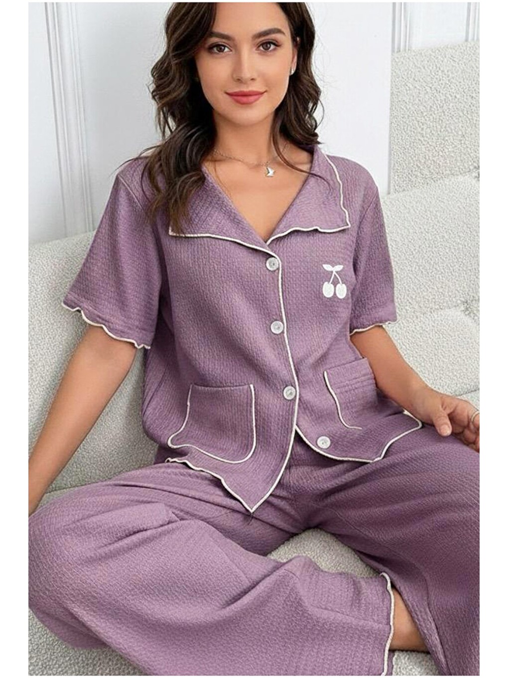 Mor Cepli Bürümcük-krınkıl Kısa Kollu Düğmeli Örme Pijama Takım 7940