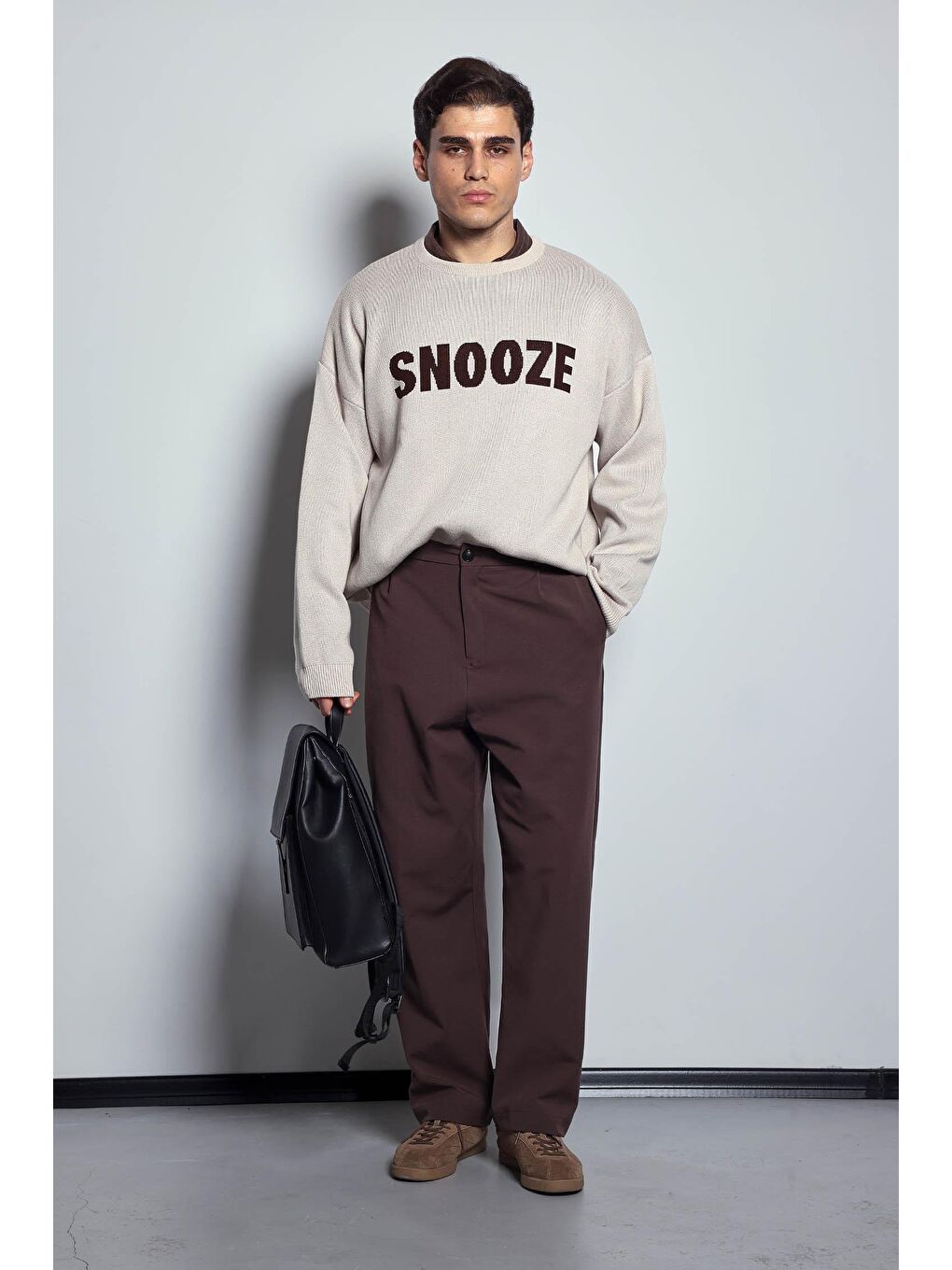 Erkek Oversize Yazı Baskılı Kazak Bej-8