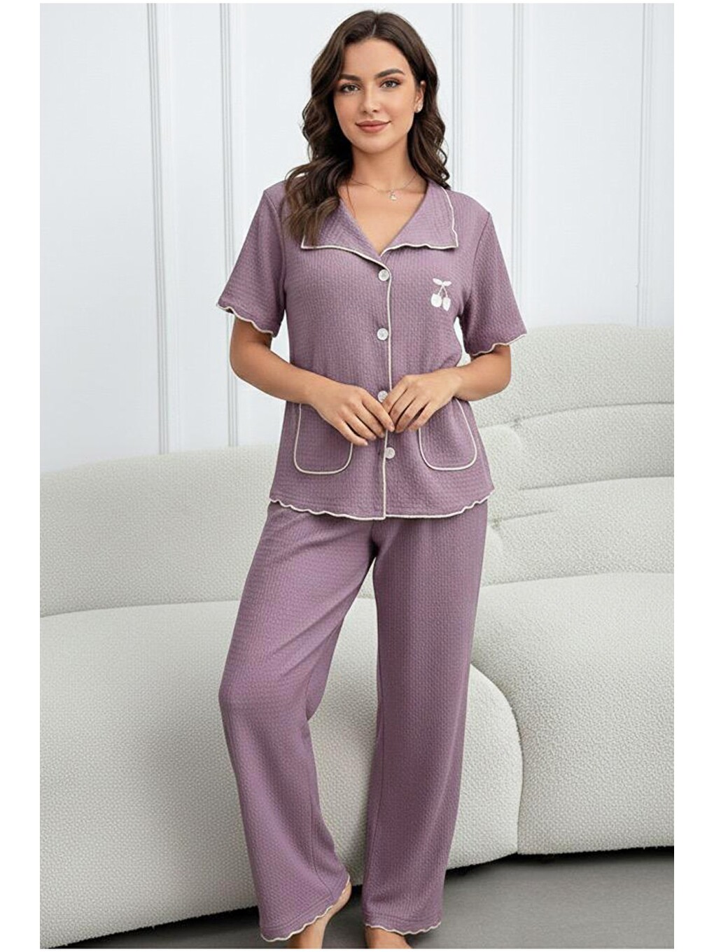 Mor Cepli Bürümcük-krınkıl Kısa Kollu Düğmeli Örme Pijama Takım 7940-1