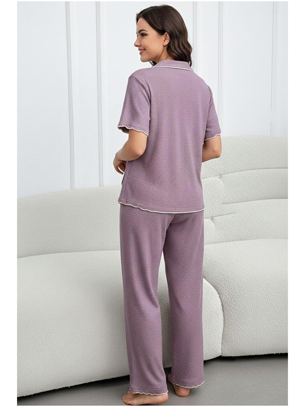 Mor Cepli Bürümcük-krınkıl Kısa Kollu Düğmeli Örme Pijama Takım 7940-2