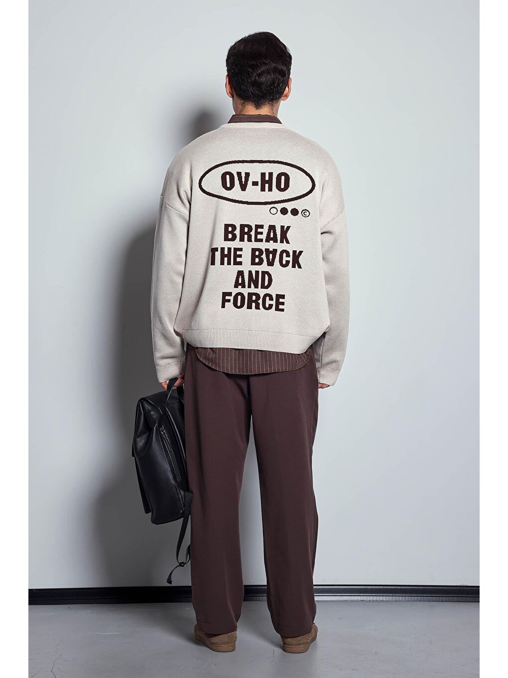 Erkek Oversize Yazı Baskılı Kazak Bej-9