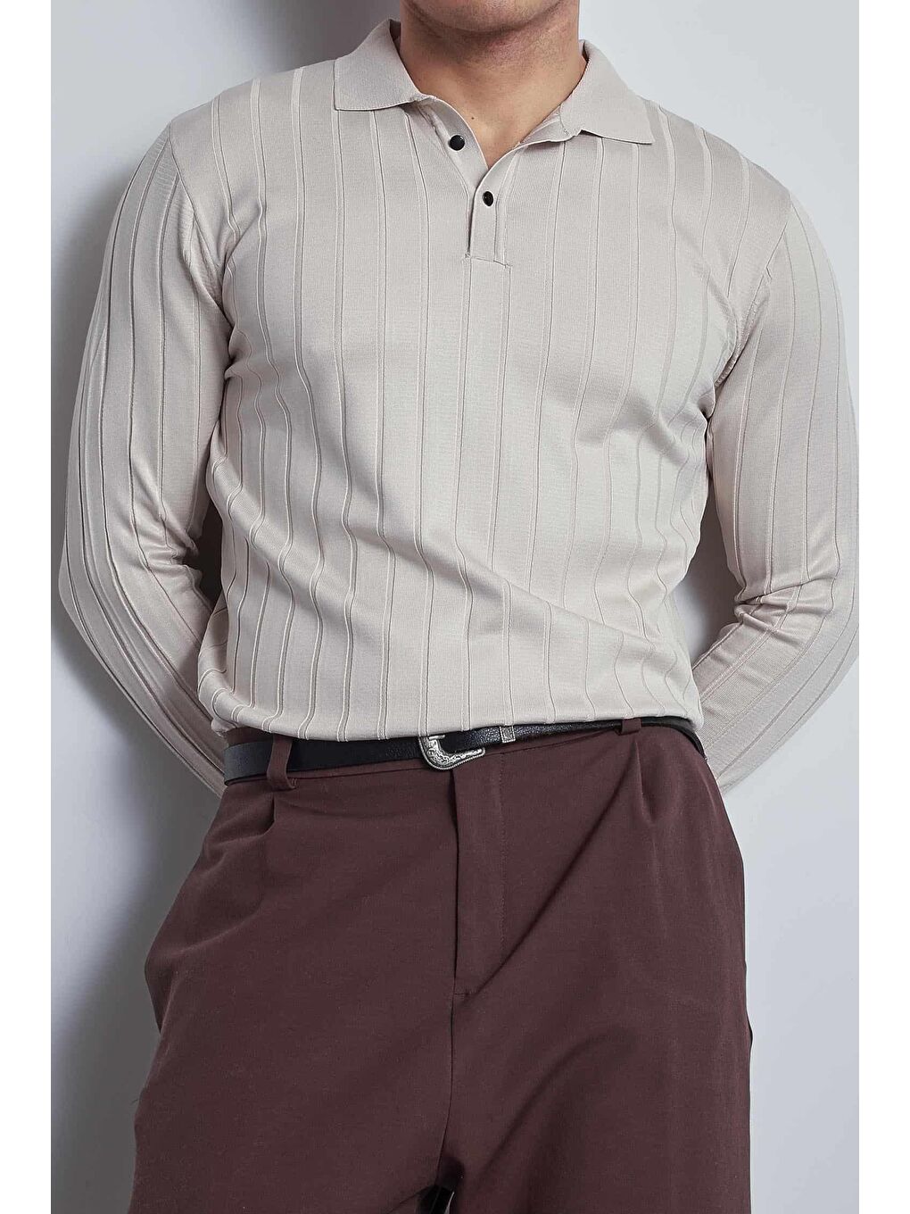 Bej Erkek Slim Fit Premium Kumaş Polo Yaka Düğmeli Kazak Taş