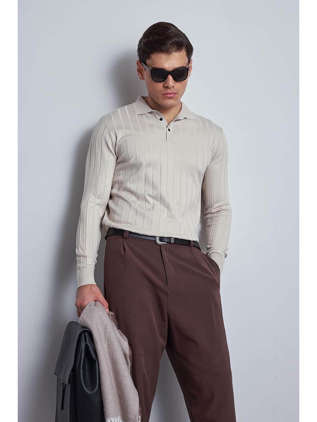 Bej Erkek Slim Fit Premium Kumaş Polo Yaka Düğmeli Kazak Taş-1