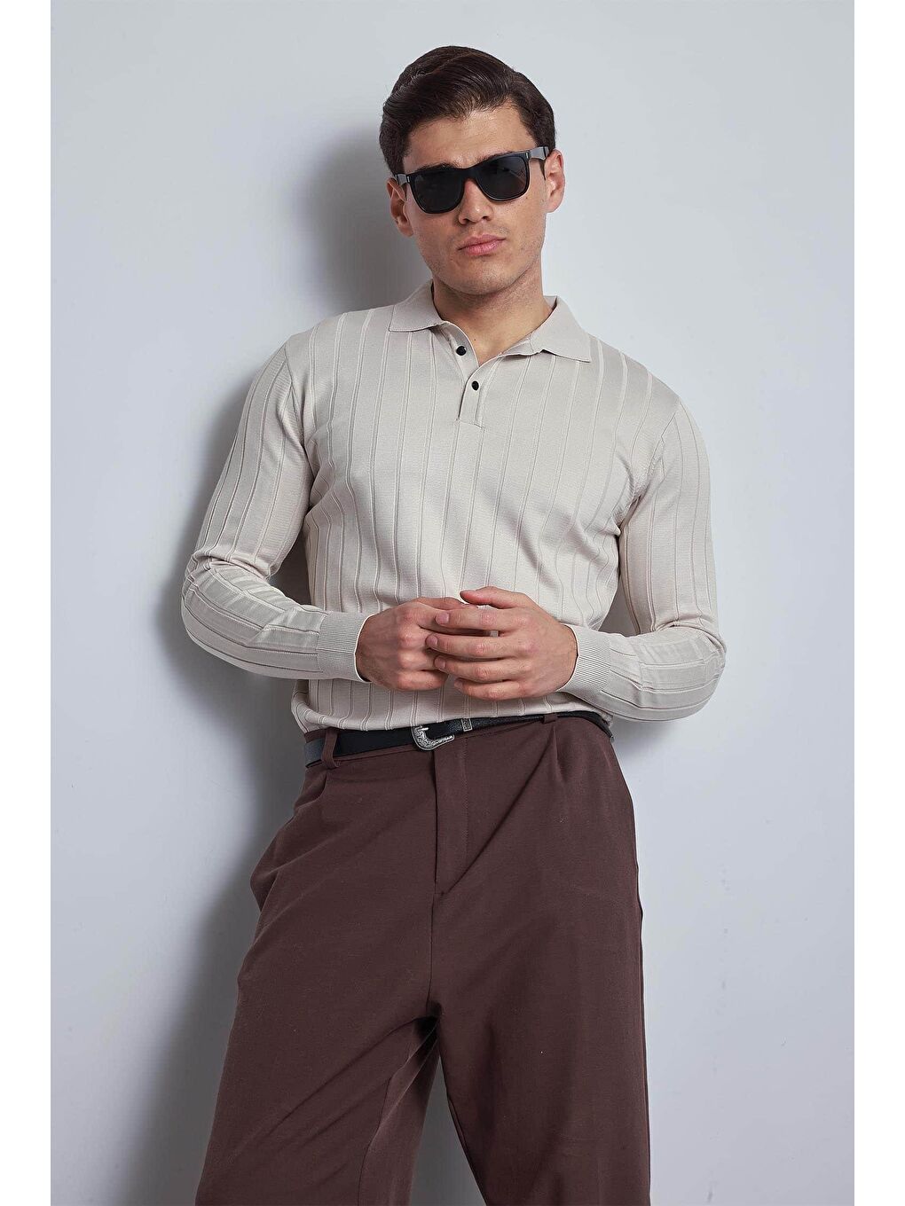 Bej Erkek Slim Fit Premium Kumaş Polo Yaka Düğmeli Kazak Taş-3
