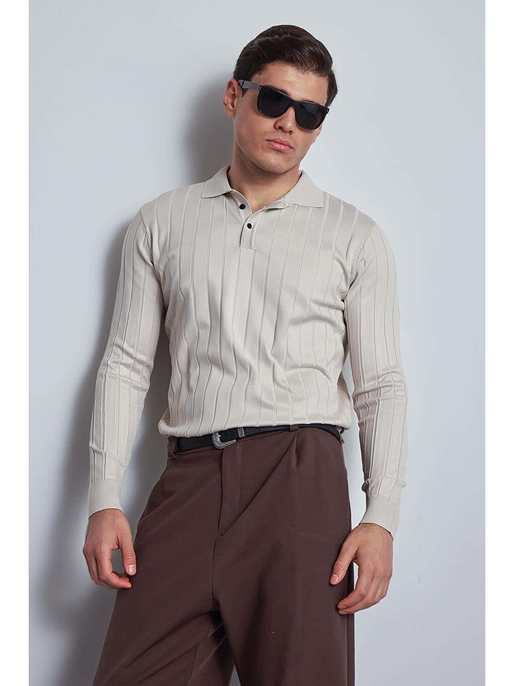 Bej Erkek Slim Fit Premium Kumaş Polo Yaka Düğmeli Kazak Taş-4