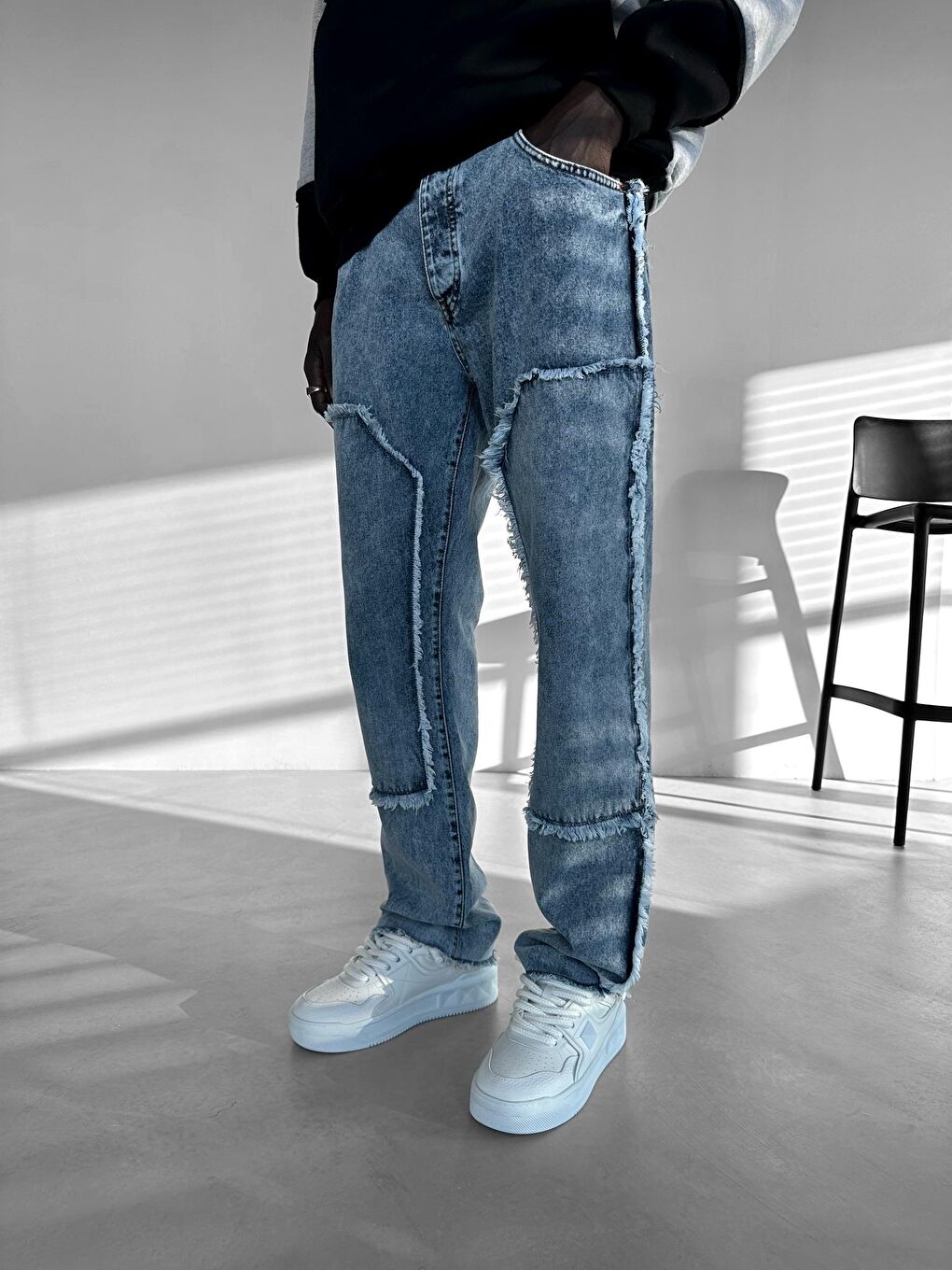 Püskül Blok Detaylı Jean Pantolon Buz Mavi-2