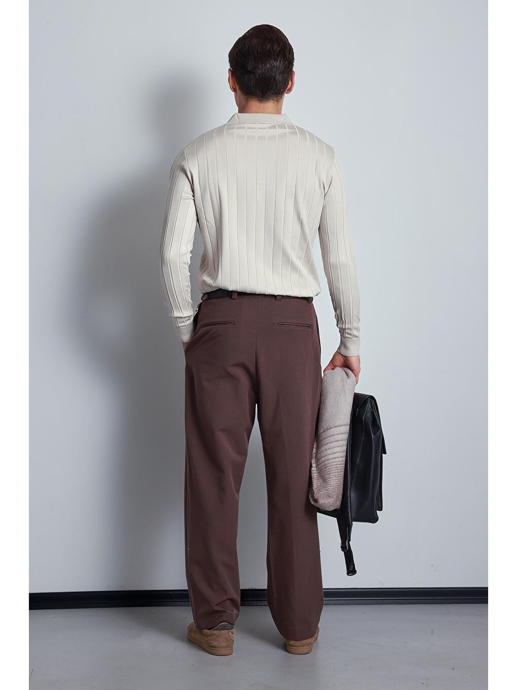 Bej Erkek Slim Fit Premium Kumaş Polo Yaka Düğmeli Kazak Taş-5