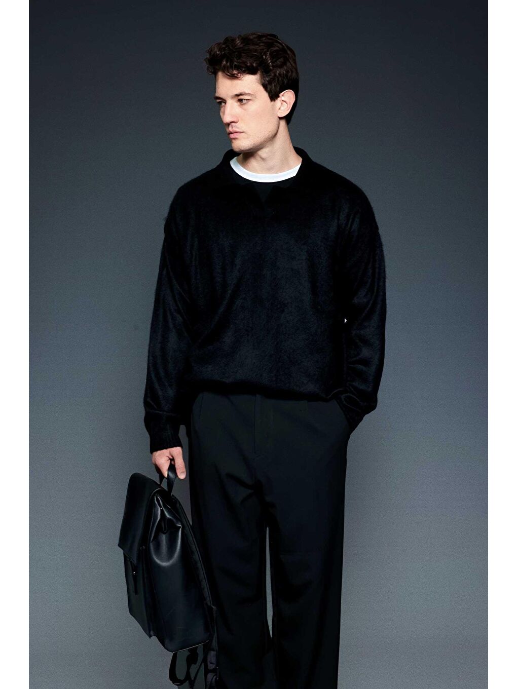 Erkek Oversize Yumuşak Dokulu Kazak Siyah-1