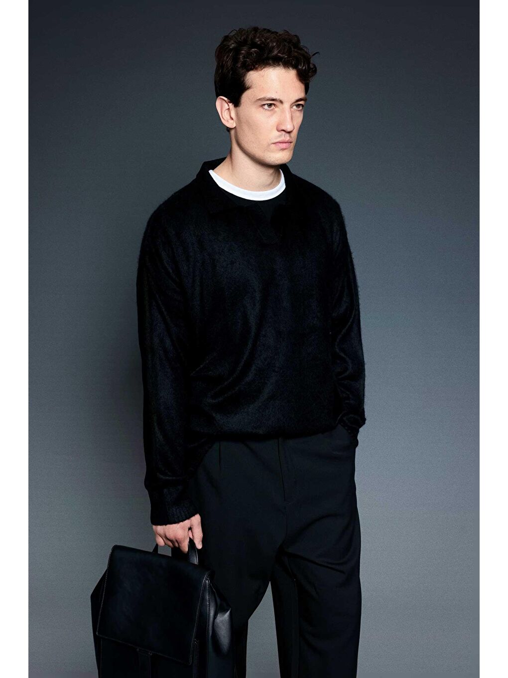 Erkek Oversize Yumuşak Dokulu Kazak Siyah-2