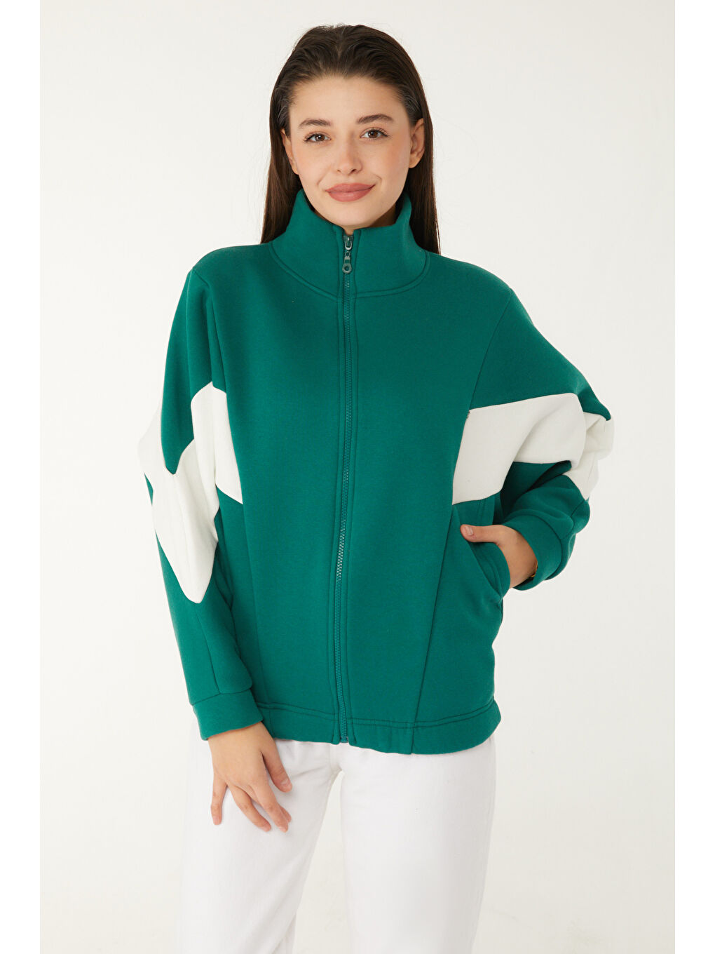 Yeşil Hakim Yaka Kadın Zümrüt Fermuarlı Sweatshirt - 26543