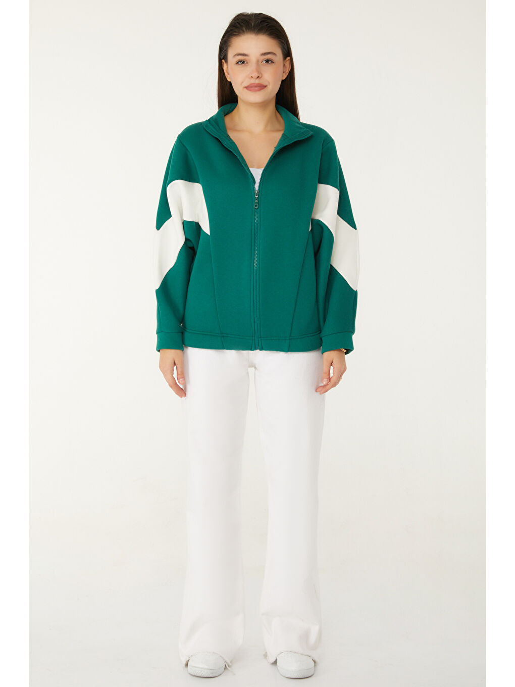 Yeşil Hakim Yaka Kadın Zümrüt Fermuarlı Sweatshirt - 26543-1