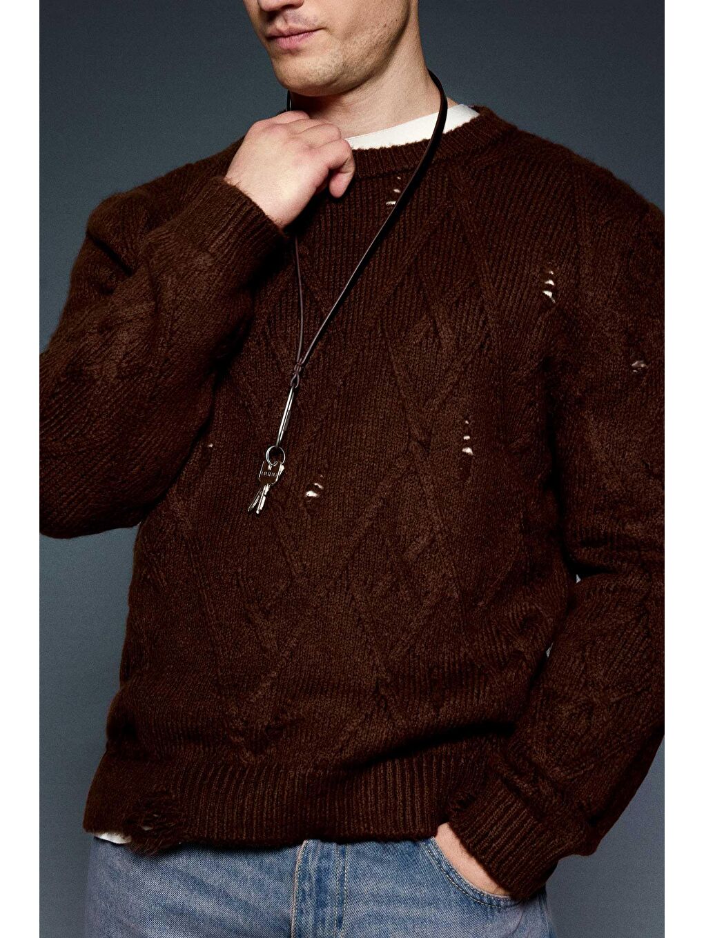 Erkek Oversize Desenli Triko Kazak Kahverengi-2