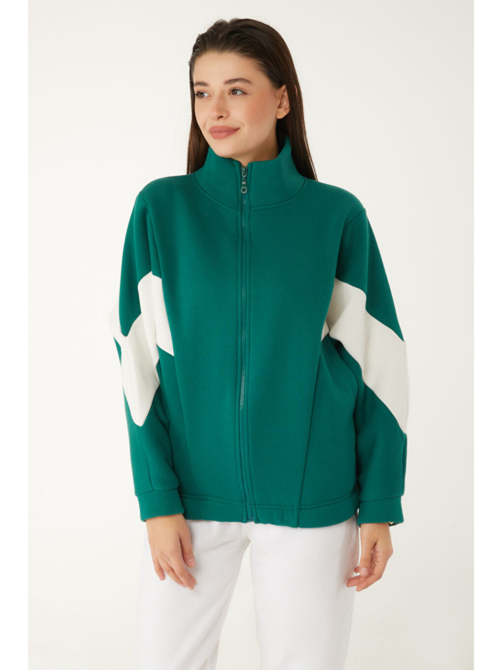 Yeşil Hakim Yaka Kadın Zümrüt Fermuarlı Sweatshirt - 26543-2
