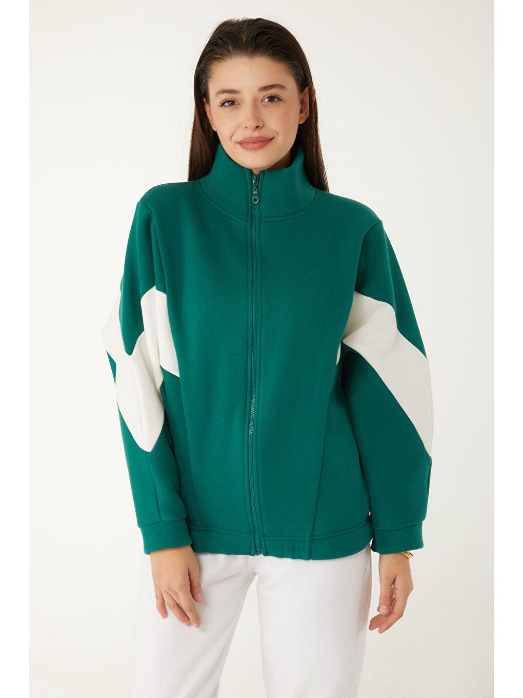 Yeşil Hakim Yaka Kadın Zümrüt Fermuarlı Sweatshirt - 26543-3