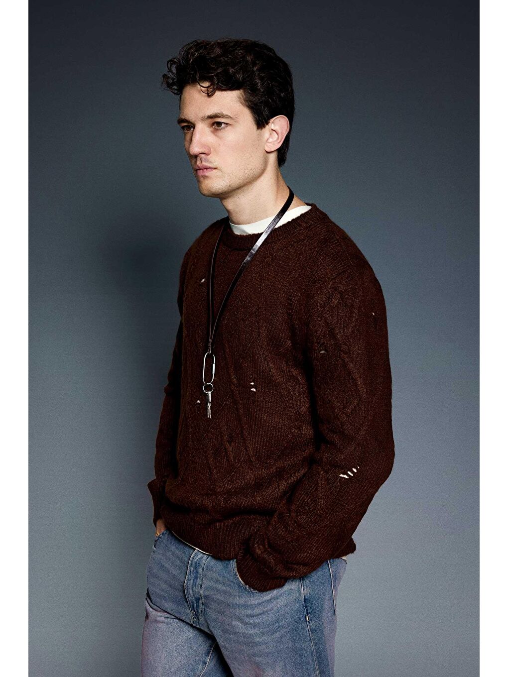 Erkek Oversize Desenli Triko Kazak Kahverengi-3