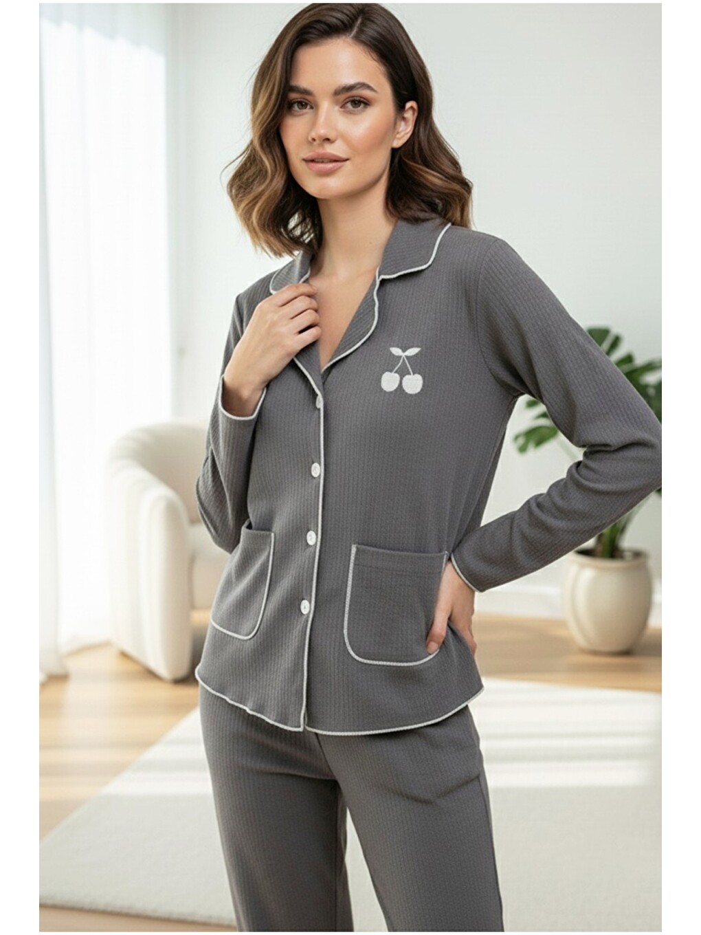 Gri Cepli Bürümcük-krınkıl Uzun Kollu Düğmeli Örme Pijama Takım 7941