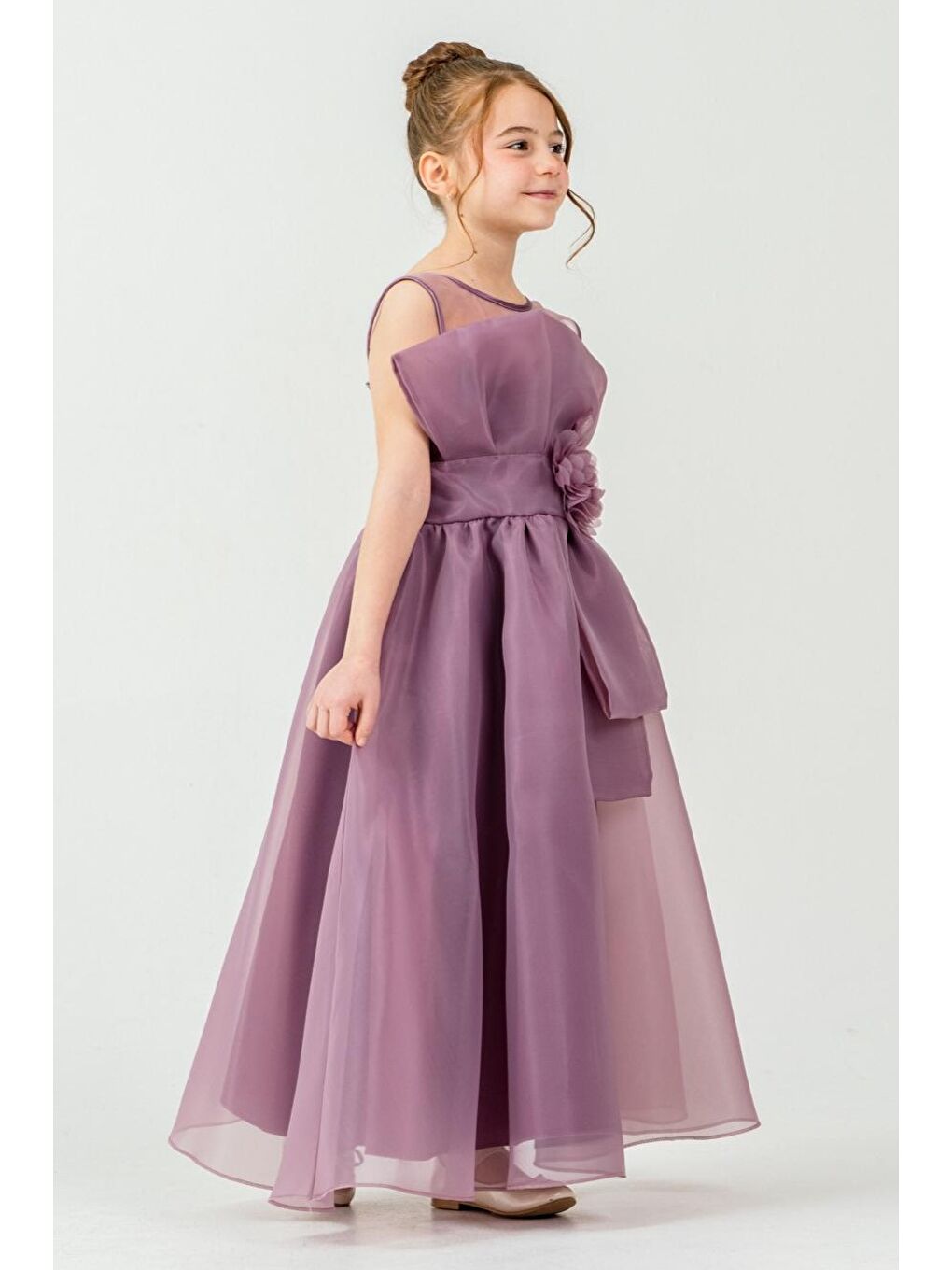 Mürdüm Kız Çocuk Organze Tül Çiçek ve Fiyonk Detaylı Gipe Sırtlı Prenses Abiye Elbise M00800-1