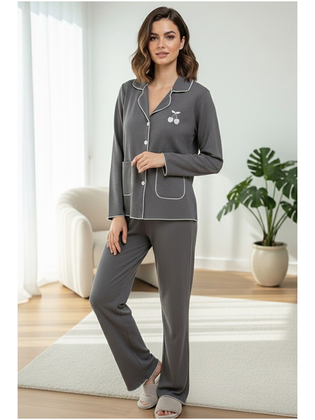 Gri Cepli Bürümcük-krınkıl Uzun Kollu Düğmeli Örme Pijama Takım 7941-1