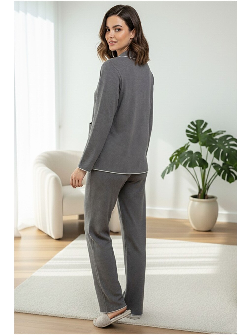 Gri Cepli Bürümcük-krınkıl Uzun Kollu Düğmeli Örme Pijama Takım 7941-2