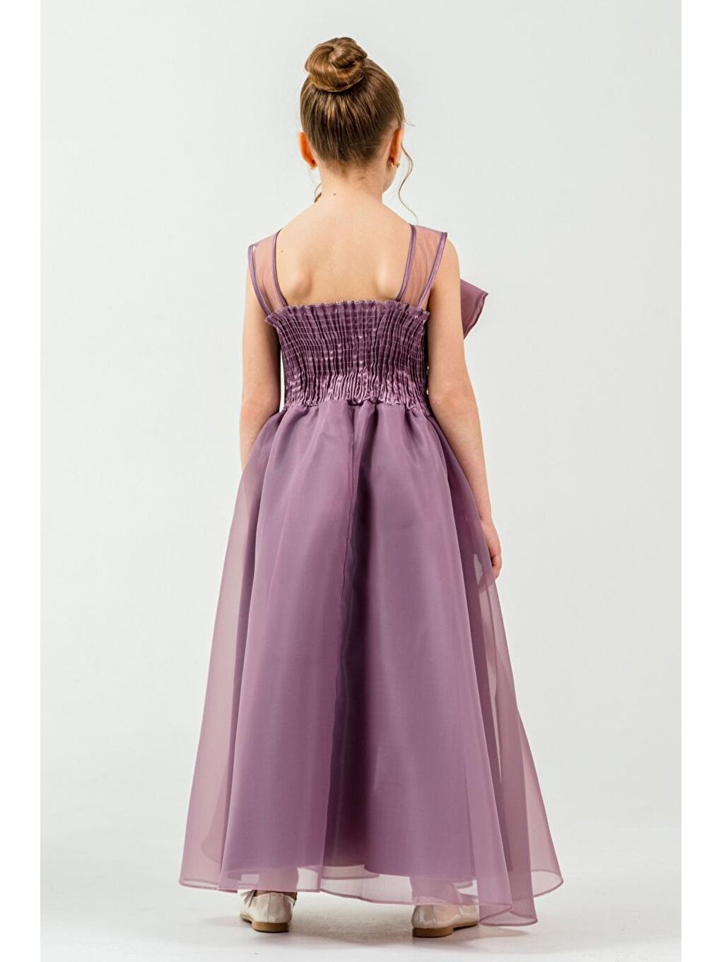 Mürdüm Kız Çocuk Organze Tül Çiçek ve Fiyonk Detaylı Gipe Sırtlı Prenses Abiye Elbise M00800-2