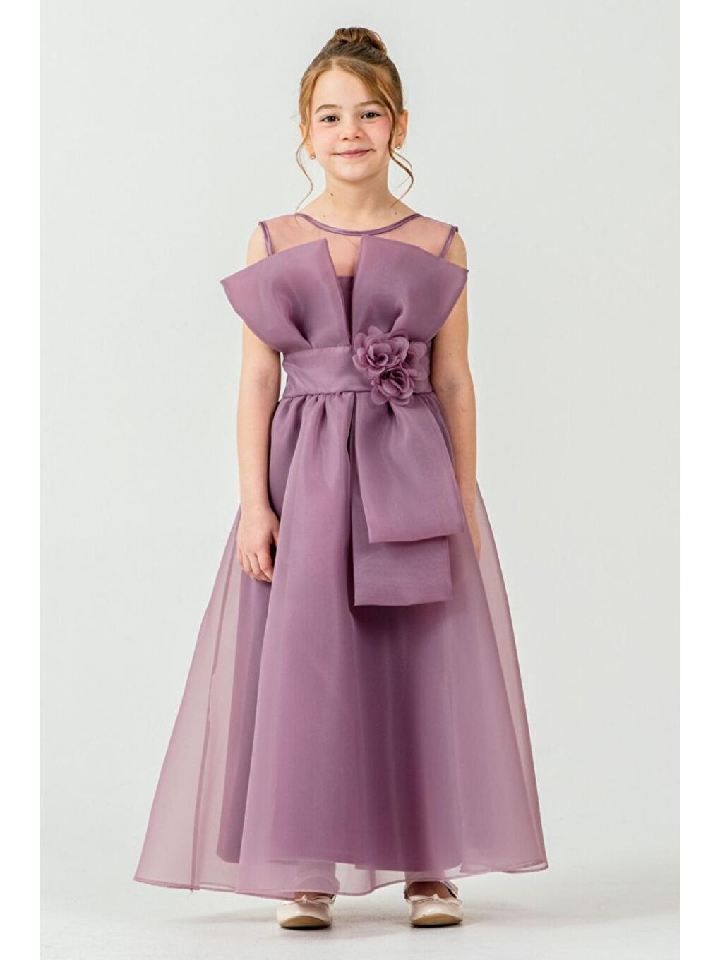 Mürdüm Kız Çocuk Organze Tül Çiçek ve Fiyonk Detaylı Gipe Sırtlı Prenses Abiye Elbise M00800-3