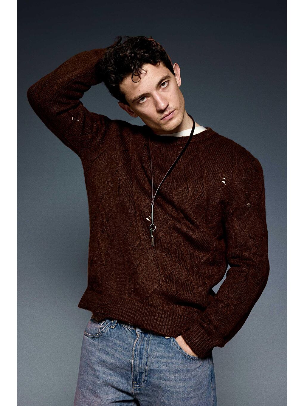 Erkek Oversize Desenli Triko Kazak Kahverengi-4