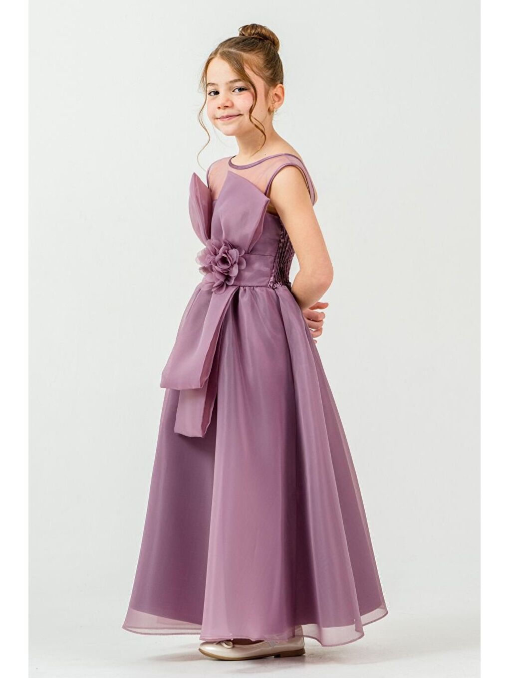 Mürdüm Kız Çocuk Organze Tül Çiçek ve Fiyonk Detaylı Gipe Sırtlı Prenses Abiye Elbise M00800-4