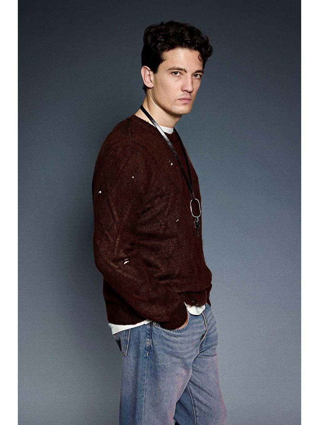 Erkek Oversize Desenli Triko Kazak Kahverengi-5