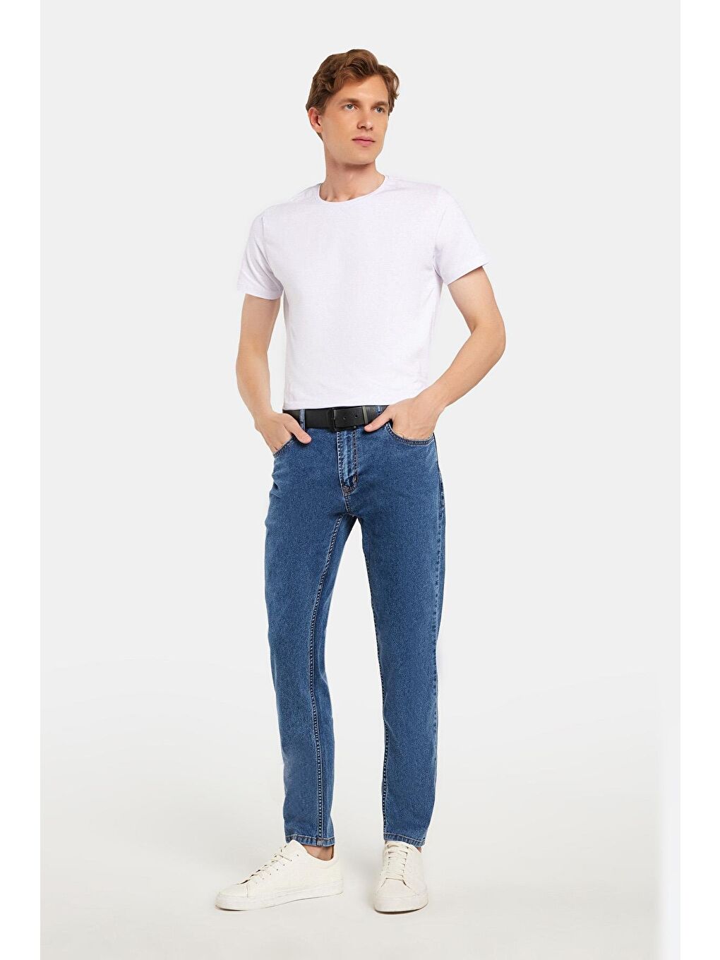 Erkek Regular Fit Yıkamalı Taşlamalı Esnek Jean  Düz Paça Tapered Açık Mavi Jean Pantolon-2